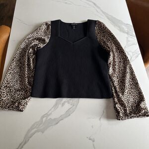 Bailey 44 Black Ribbed Knit Top Leopard Print Balloon Sleeves Blouse Artsy Sz Lg